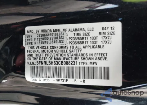 2012 Honda Odyssey Ex-L из США, поврежденный, VIN 5FNRL5H63CB088231